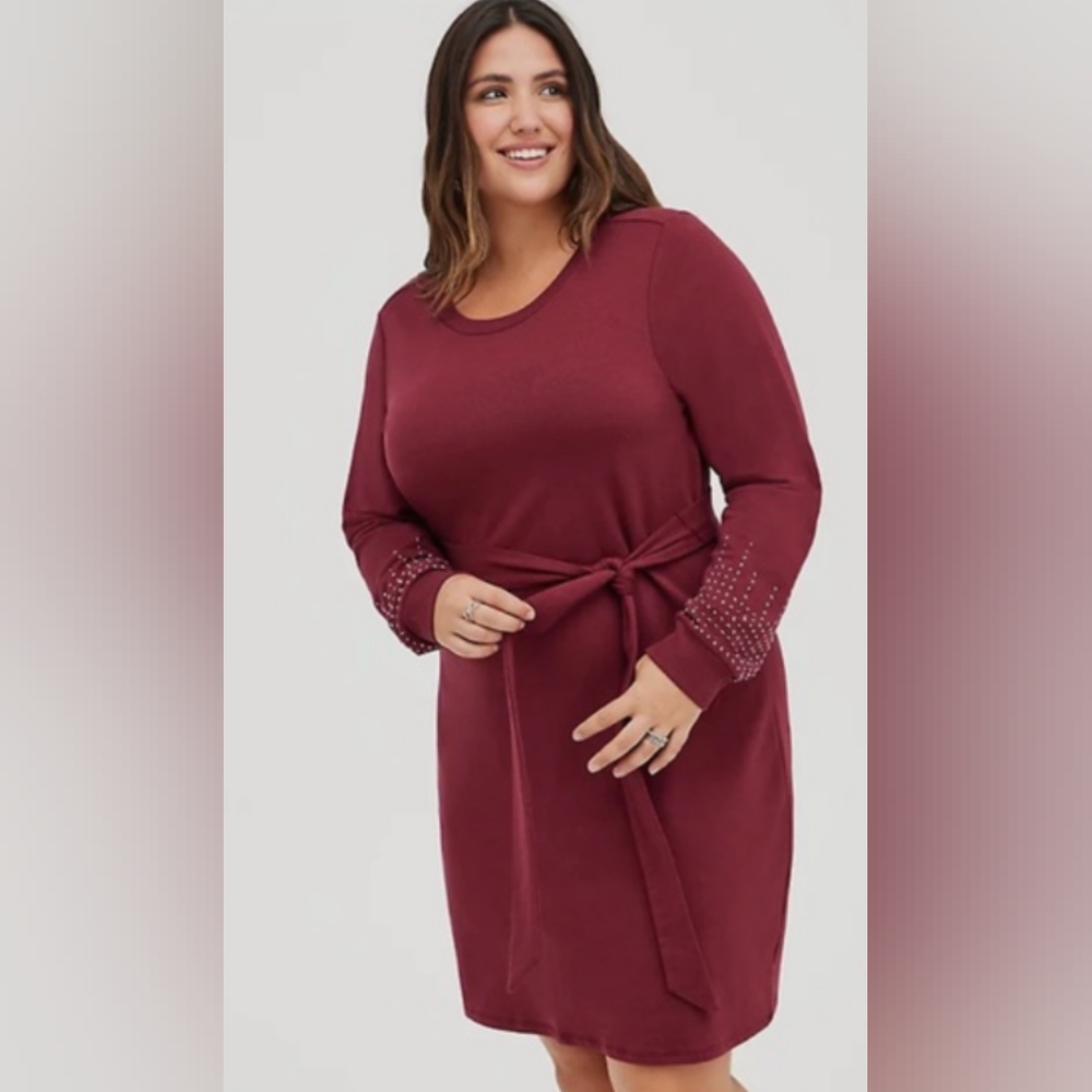 Torrid Burgundy Pullover Midi Dress with Tie Waist and Sleeve Embellishments
